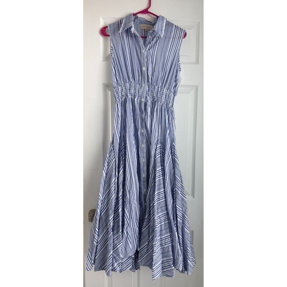 Women "Philosophy" blue/white sleeveless long summer dress. Small Kentucky Derby